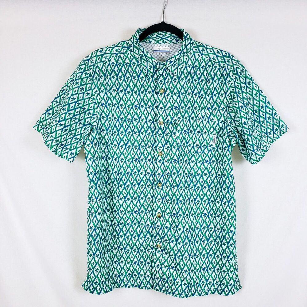 Columbia PFG Super Slack Tide Camp Shirt Mens S Green Palm Tree Fishing UPF